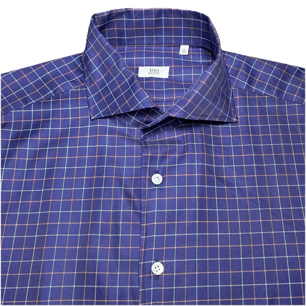 NWOT 100 Hands Dress Shirt 17 3/4 45 Cutaway Twill Multicolor Check Navy